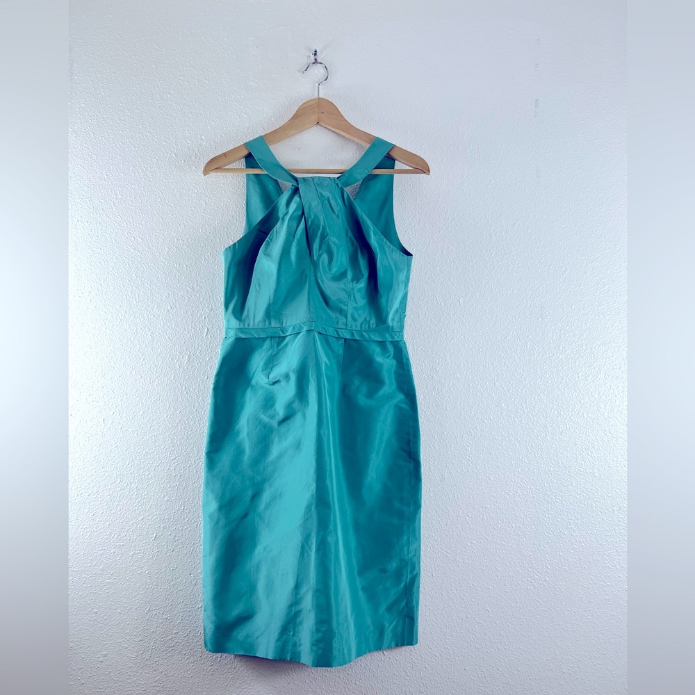 J. Crew silk turquois criss cross front fitted dress 4P